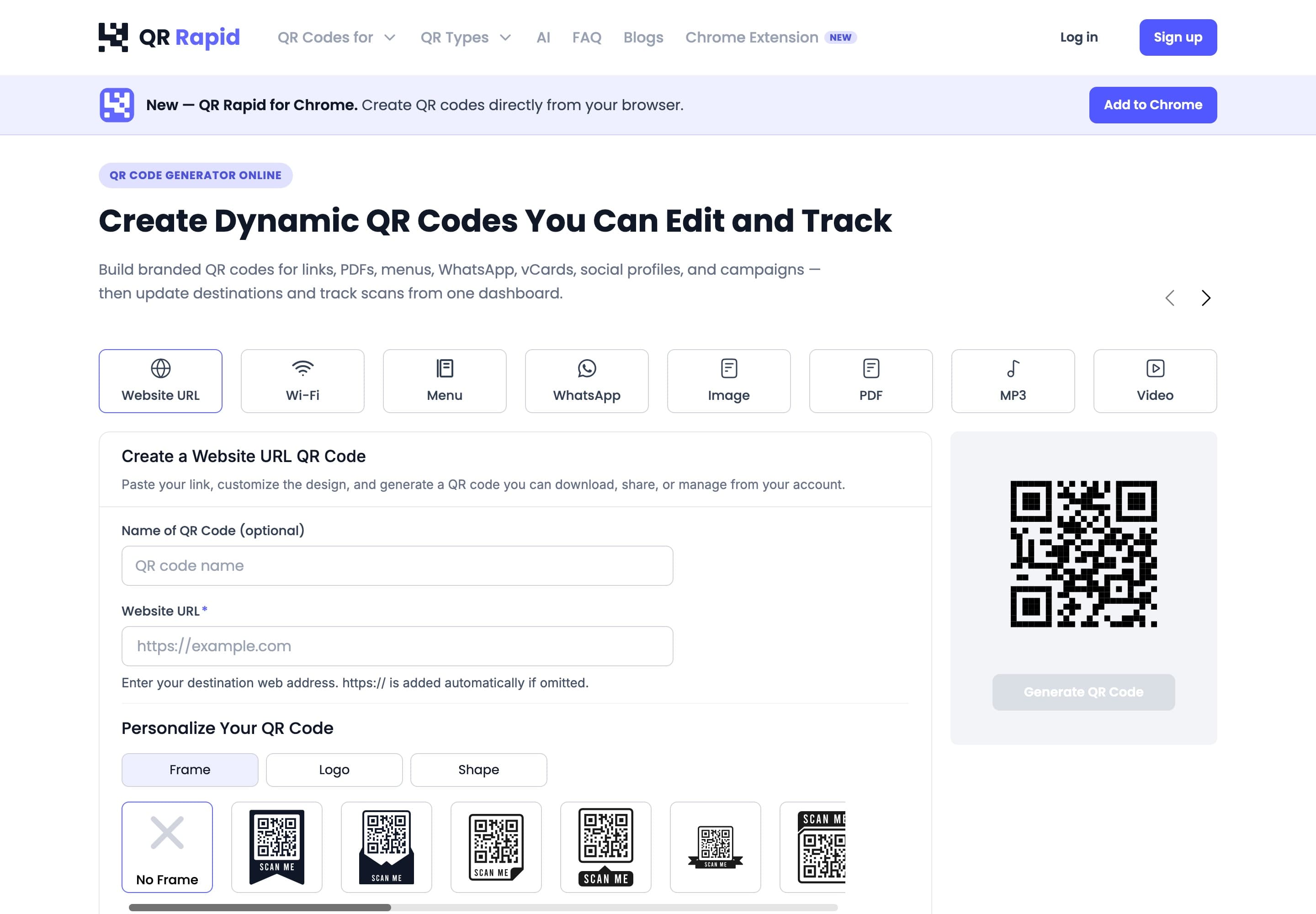QR Rapid generator: choosing a QR type, entering a website URL and personalising the frame, logo and shape, with a live preview of the code