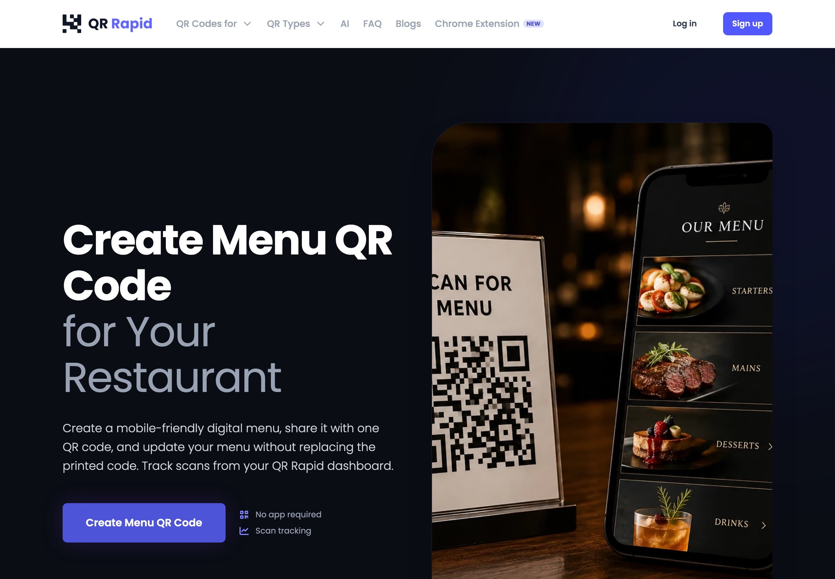 QR Rapid menu QR code page showing how restaurant menus are turned into scannable codes